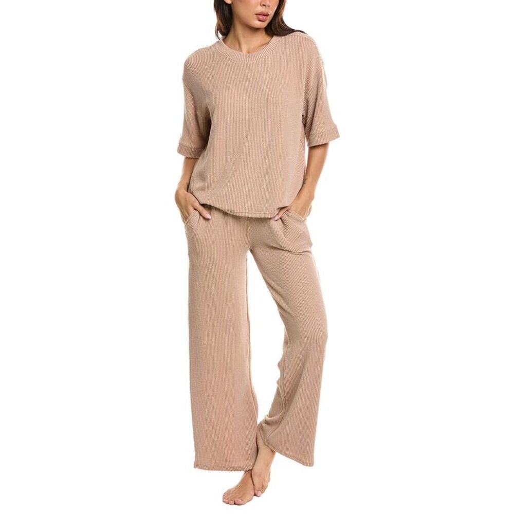 Marion Womens  2Pc Raised Rib T-Shirt & Pant Set, Beige